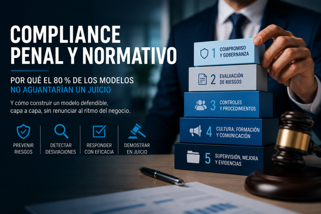 Diagrama de las 5 capas del compliance defendible de Artico: diagnóstico, modelo penal art 31 bis, canal de denuncias Ley 2/2023, convergencia con RGPD ISO 27001 AI Act, y acompañamiento continuo